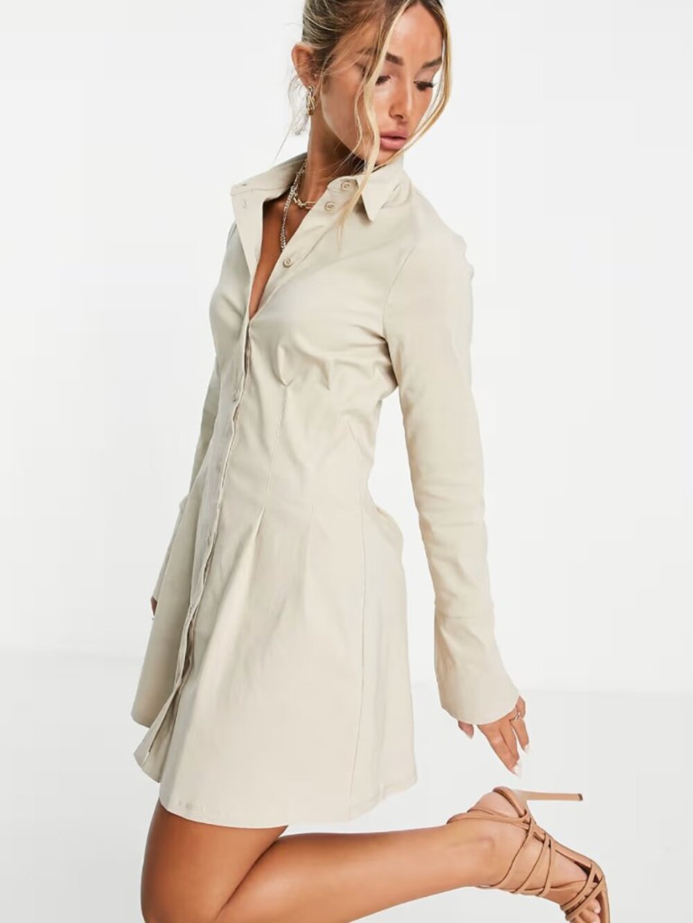 ASOS DESIGN long sleeve mini corset detail shirt dress in Stone Size US 14